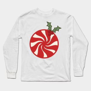 Retro Christmas Red Peppermint Candy Holly Berry Vintage Aesthetic Pattern Long Sleeve T-Shirt